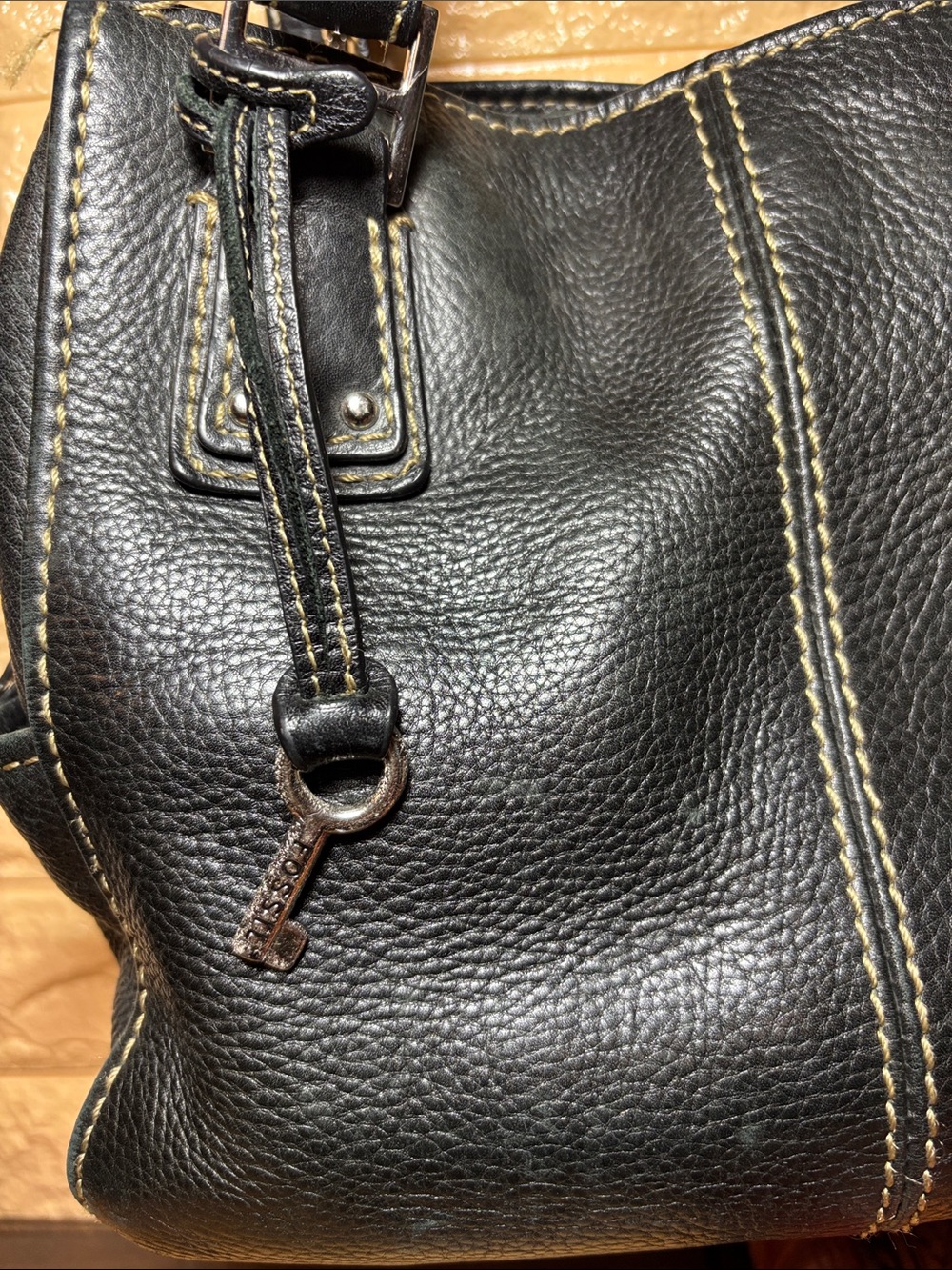 Fossil Leather Bag Bright Black Pebbled Satchel w Silver w Shoulder Strap - Picture 4 of 17